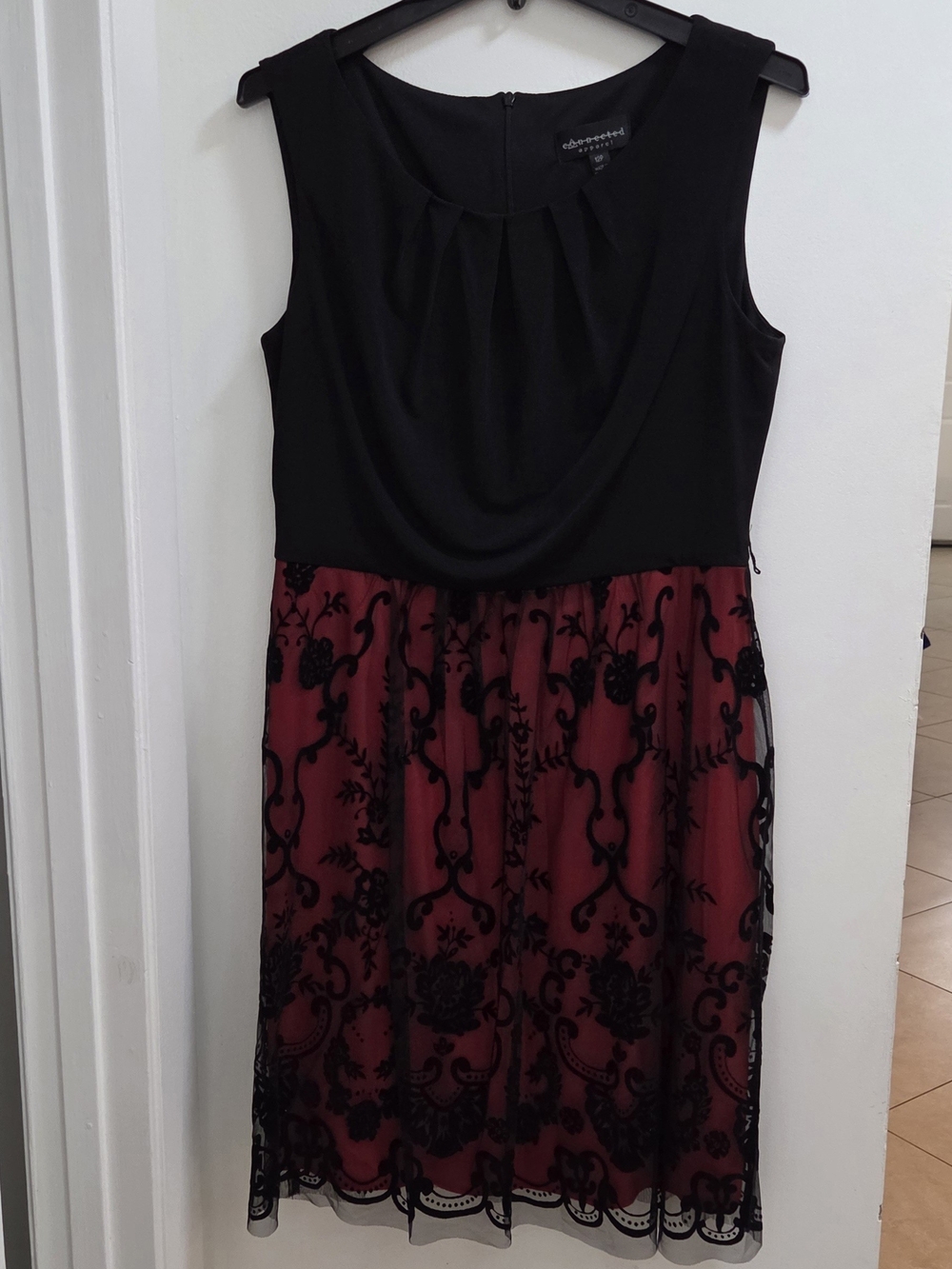 Connected Apparel Black Bodice Red Skirt Lace Overlay Dress